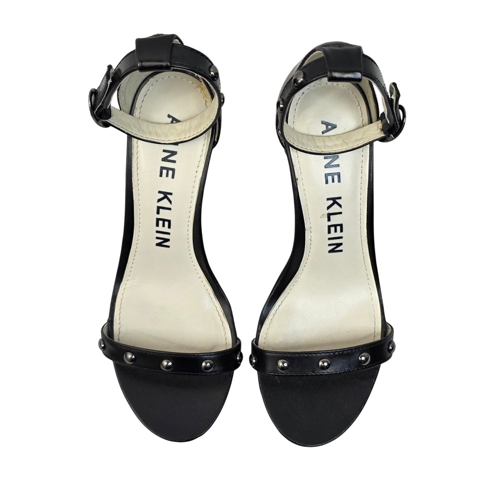 Anne Klein Akossana Black Leather Studded Ankle Strap Stiletto Heels Sandals 7.5